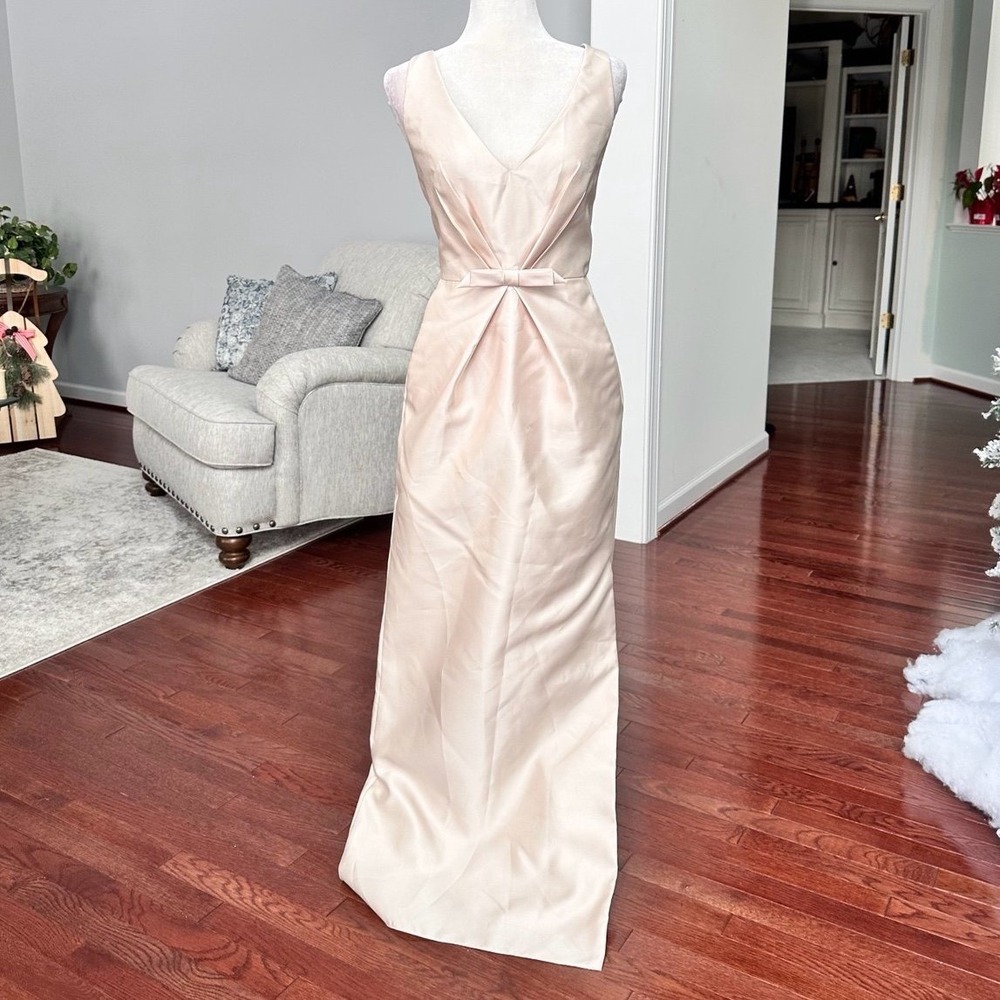 Alfred Sung Beige Champagne Satin‎ Plunge Gown Dress with Pockets Size 8 - Picture 9 of 11